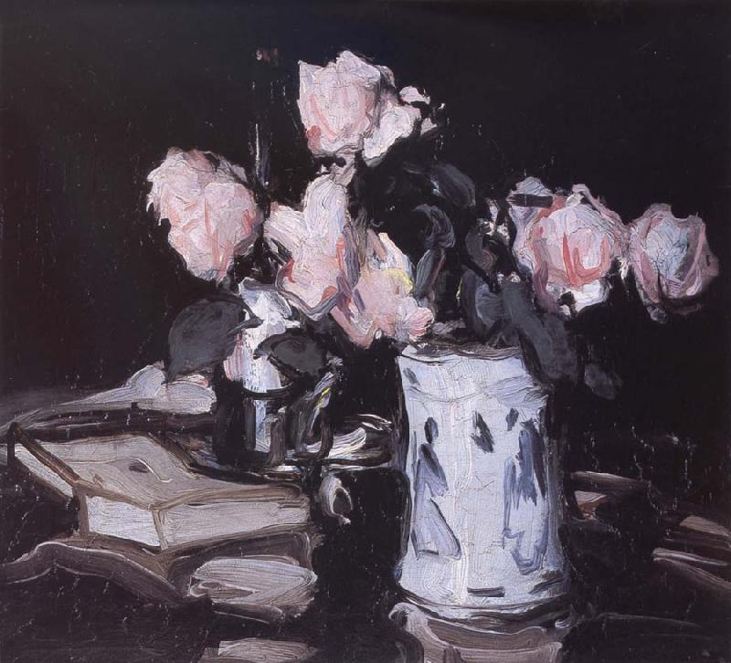 Samuel John Peploe Roses in a Blue and White Vase,Black Background